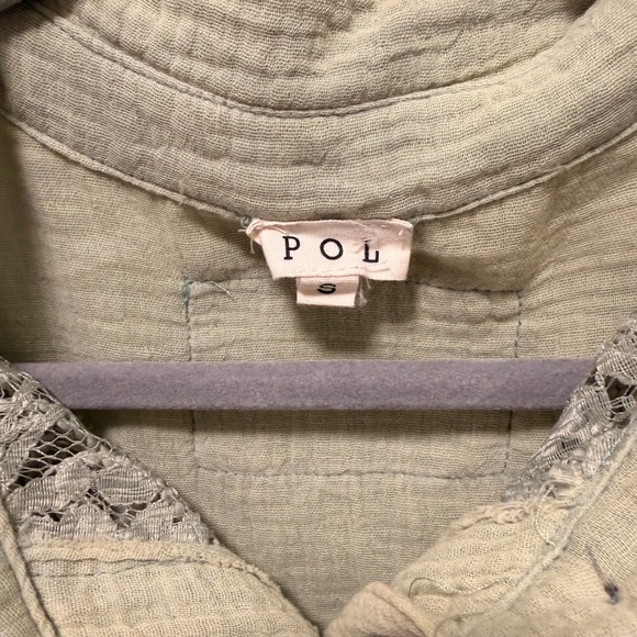 POL Lace Crochet Raw Hem Distressed Button Down Shirt Green Size S - Picture 2 of 14